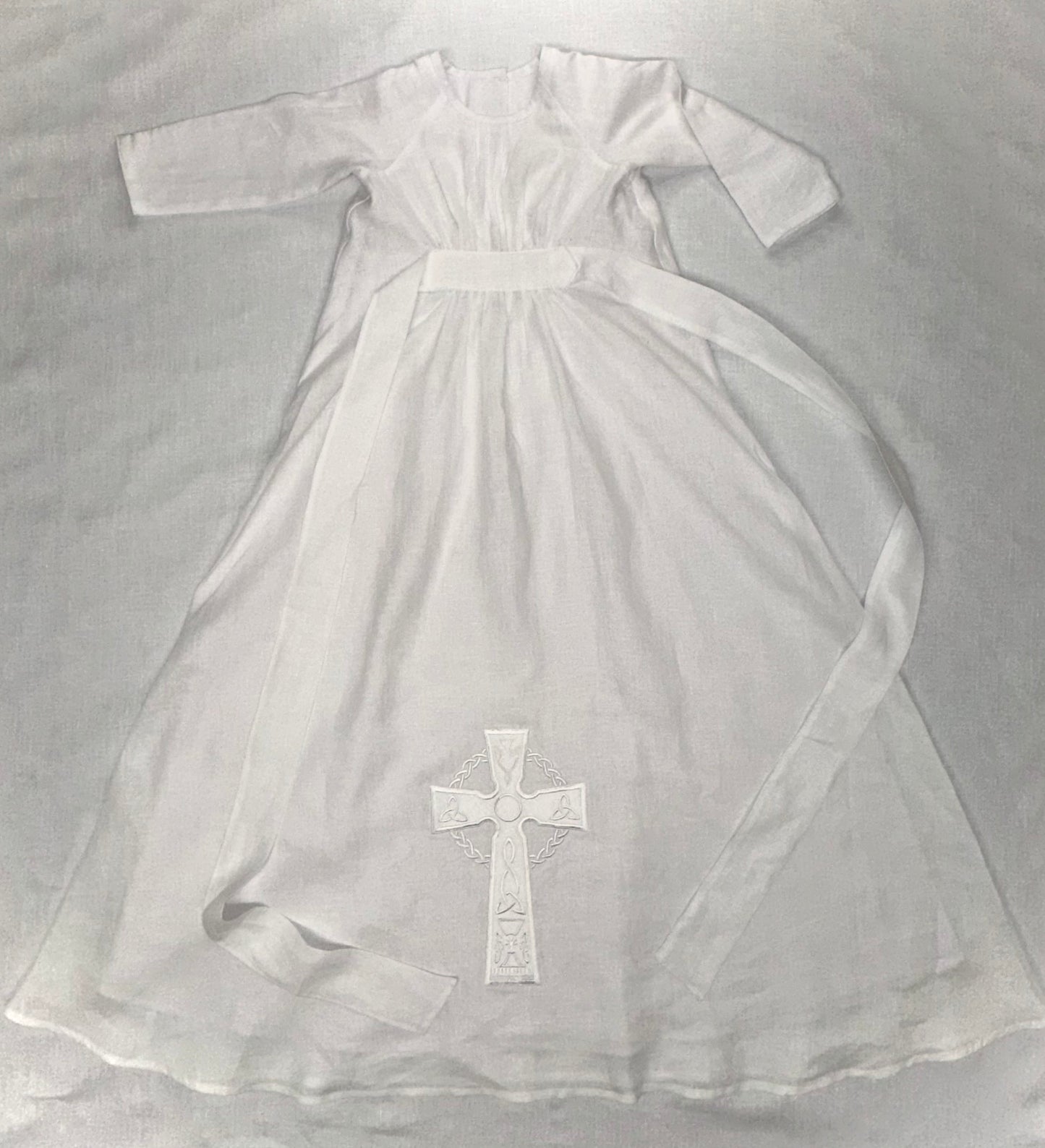 Photo shows a Christening Robe with Celtic Cross by Brennans Irish Linens