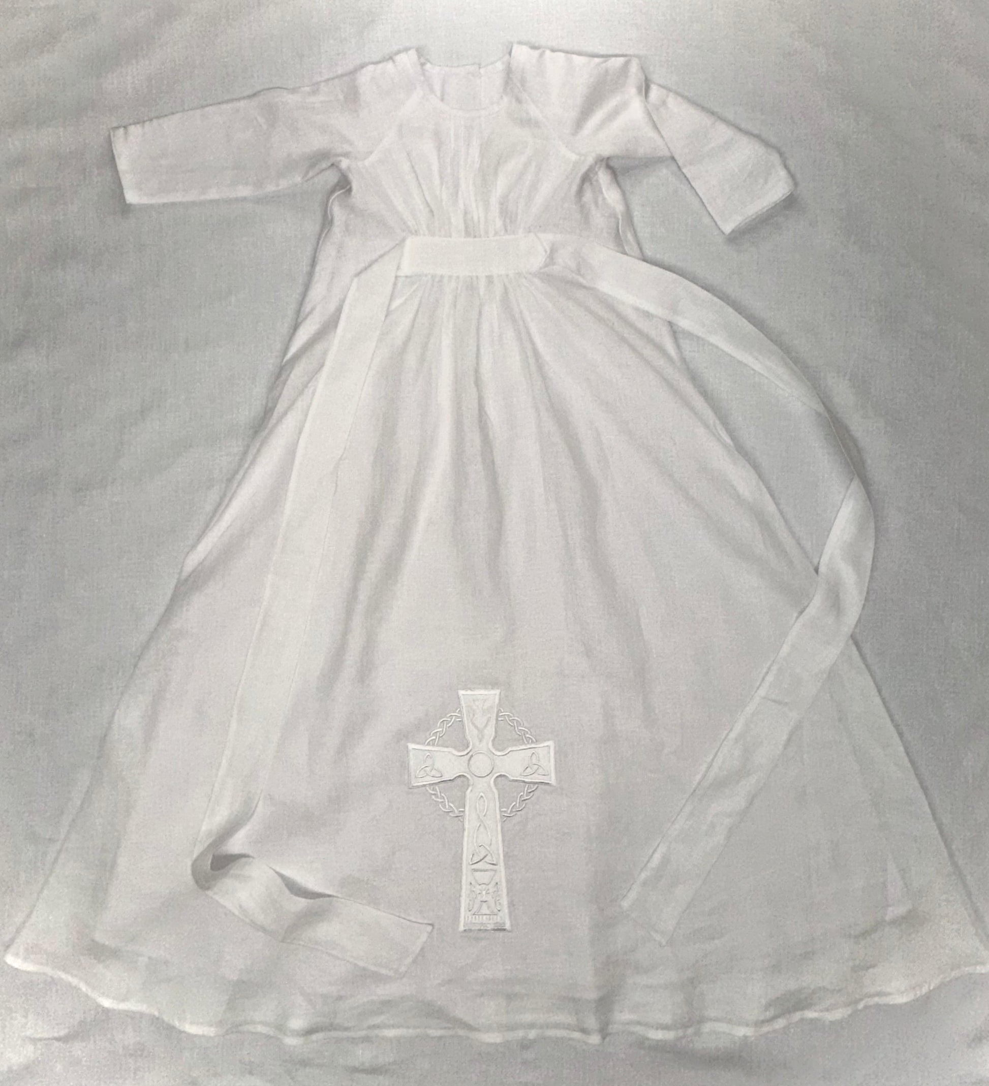 Photo shows a Christening Robe with Celtic Cross by Brennans Irish Linens